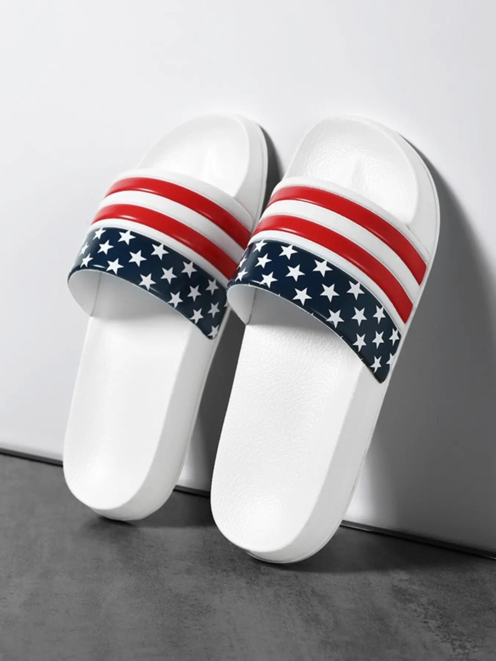 Patriotic Star & Stripe Slide Sandals - White, Red, Navy